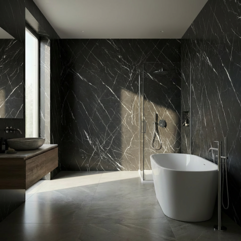Vinilo de revestimiento para muebles y paredes de baño efecto mármol MK14 Mat Ash Black Marble