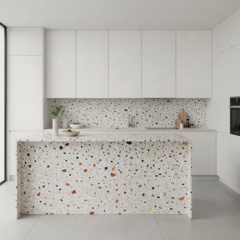 Vinilo de revestimiento para encimera y muebles de cocina efecto piedra NE29 White And Multicolored Stone Plaster